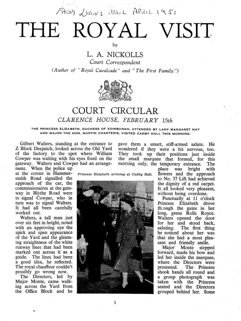 Lyons Mail, April 1951, page 3: "The Royal Visit" by L. A. Nickolls