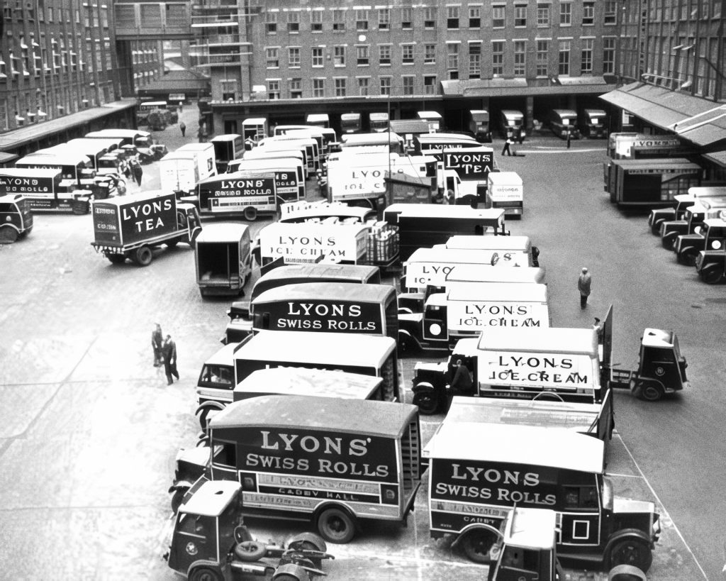 Lyons delivery vans parked inside Cadby Hall